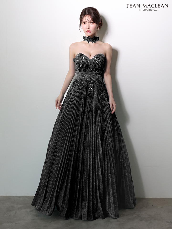 JEAN MACLEAN ジャンマクレーン フラワーモチーフ/ラメニット/チョーカー付き/プリーツ/Aライン/ロングドレス ja51977-c