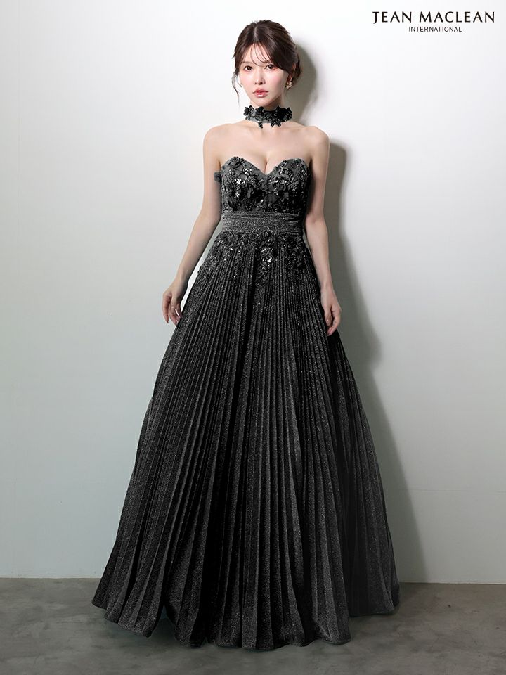 JEAN MACLEAN ジャンマクレーン フラワーモチーフ/ラメニット/チョーカー付き/プリーツ/Aライン/ロングドレス ja51977-c