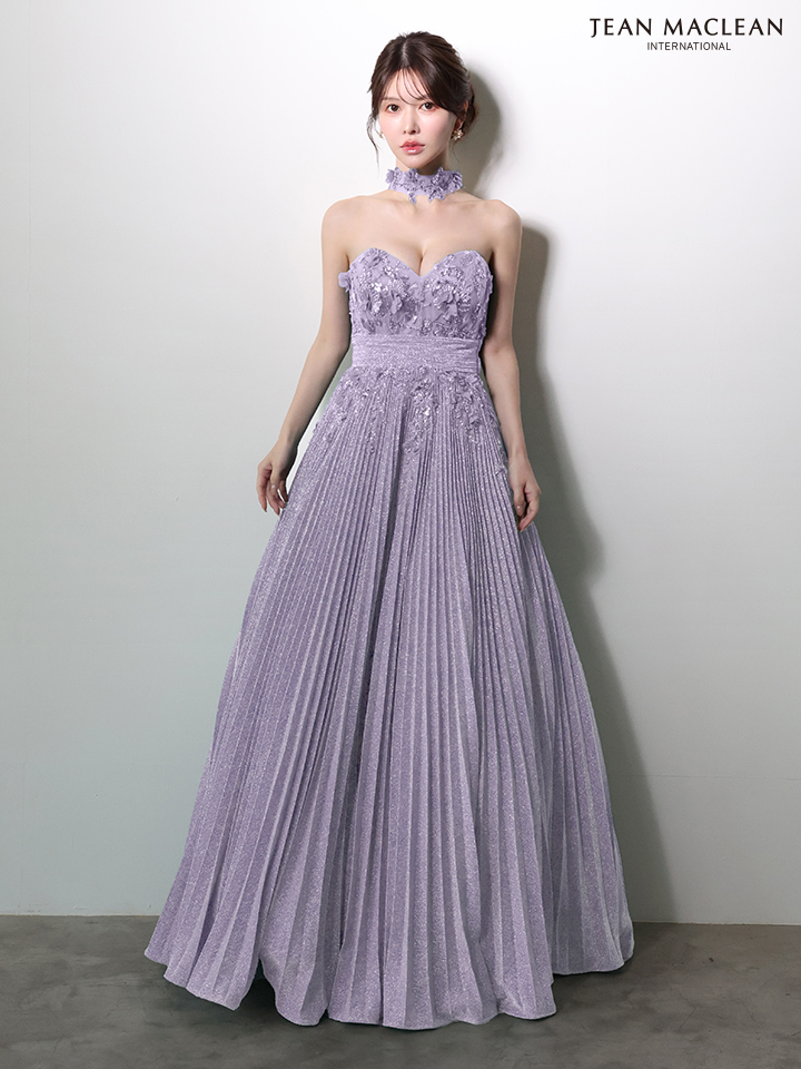 JEAN MACLEAN ジャンマクレーン フラワーモチーフ/ラメニット/チョーカー付き/プリーツ/Aライン/ロングドレス ja51977-c