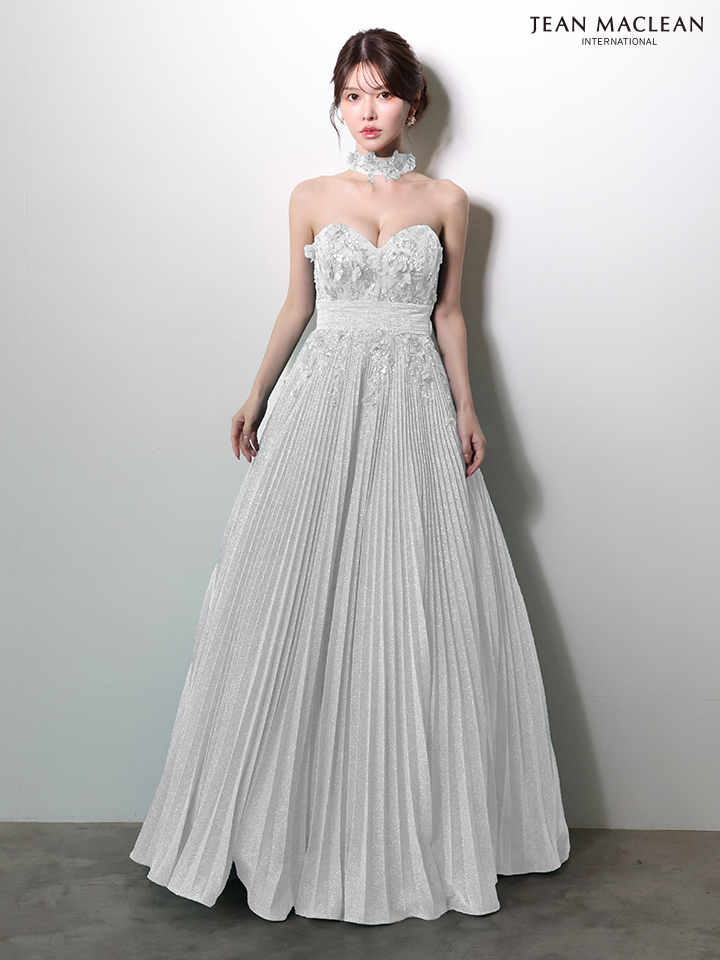 JEAN MACLEAN ジャンマクレーン フラワーモチーフ/ラメニット/チョーカー付き/プリーツ/Aライン/ロングドレス ja51977-c