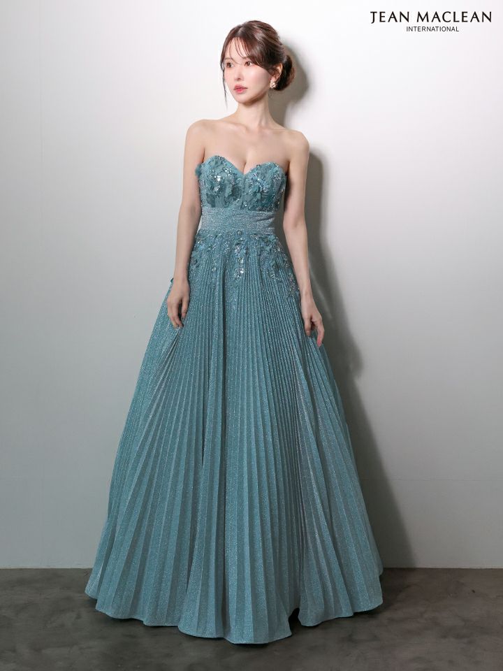 JEAN MACLEAN ジャンマクレーン フラワーモチーフ/ラメニット/チョーカー付き/プリーツ/Aライン/ロングドレス ja51977-c