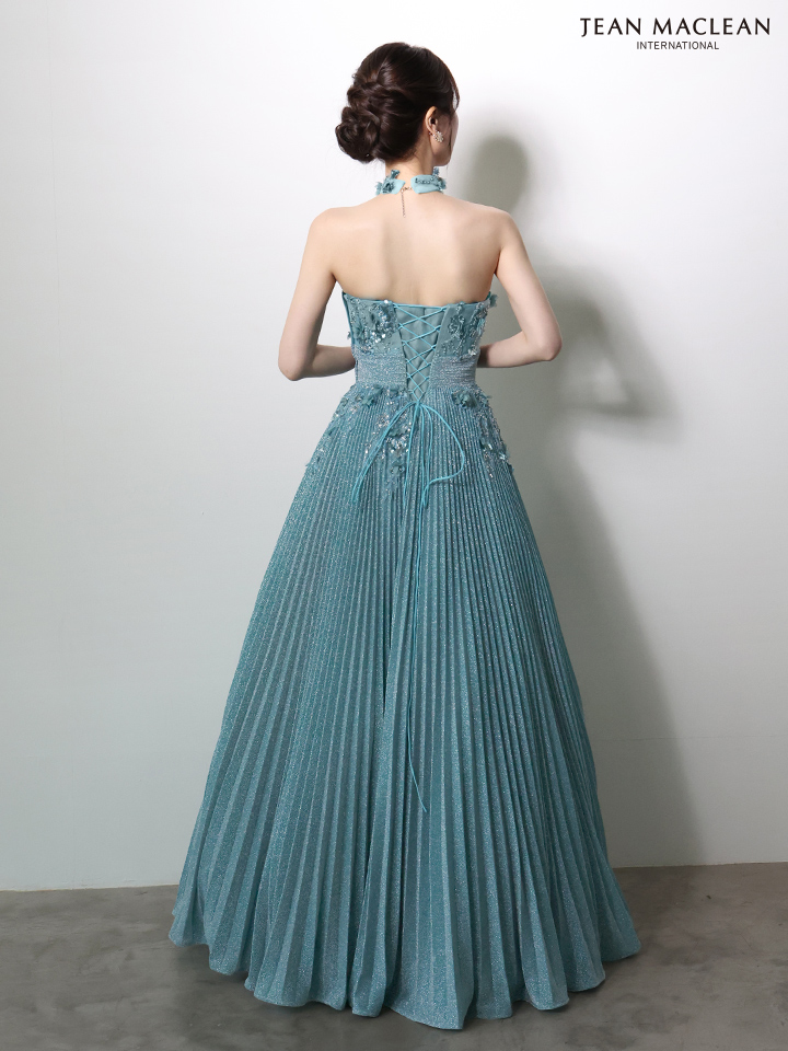 JEAN MACLEAN ジャンマクレーン フラワーモチーフ/ラメニット/チョーカー付き/プリーツ/Aライン/ロングドレス ja51977-c