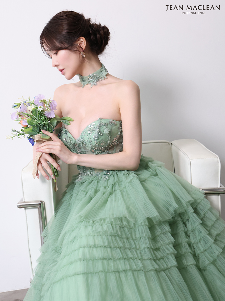 JEAN MACLEAN ジャンマクレーン フラワーモチーフ/スパンコール刺繍/3段ボリュームフリル/チョーカー付き/姫/ロングドレス  ja51978-c