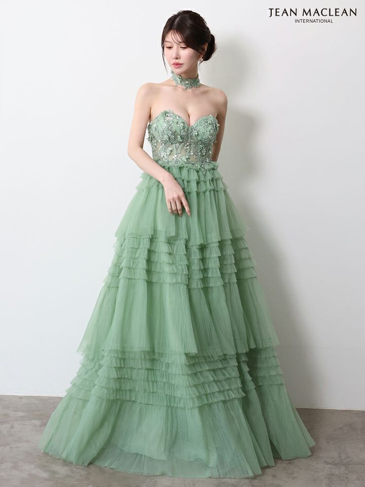 JEAN MACLEAN ジャンマクレーン フラワーモチーフ/スパンコール刺繍/3段ボリュームフリル/チョーカー付き/姫/ロングドレス  ja51978-c