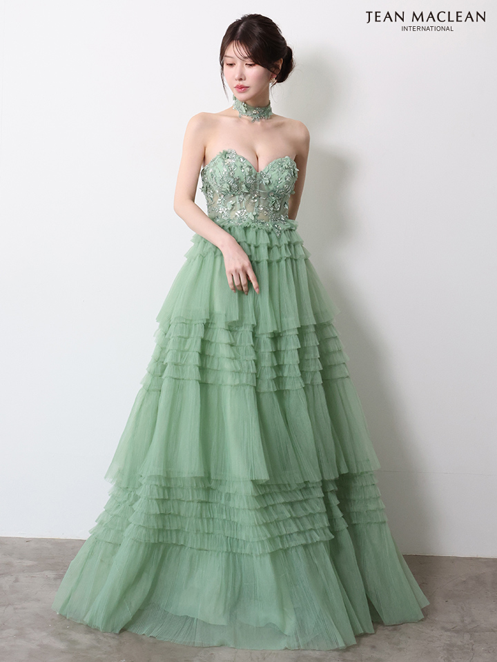 JEAN MACLEAN ジャンマクレーン フラワーモチーフ/スパンコール刺繍/3段ボリュームフリル/チョーカー付き/姫/ロングドレス  ja51978-c