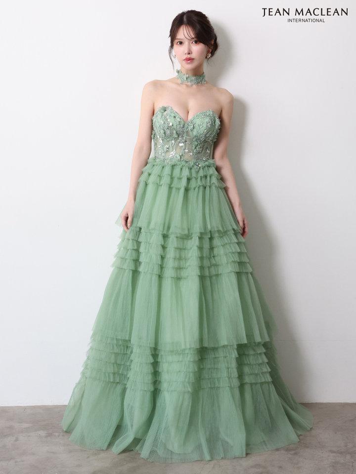 JEAN MACLEAN ジャンマクレーン フラワーモチーフ/スパンコール刺繍/3段ボリュームフリル/チョーカー付き/姫/ロングドレス  ja51978-c