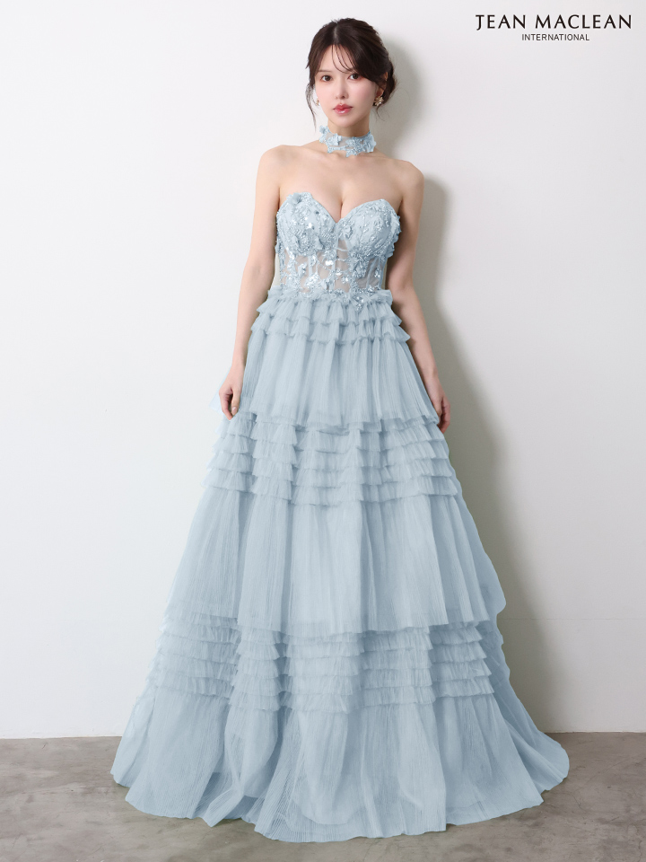 JEAN MACLEAN ジャンマクレーン フラワーモチーフ/スパンコール刺繍/3段ボリュームフリル/チョーカー付き/姫/ロングドレス  ja51978-c