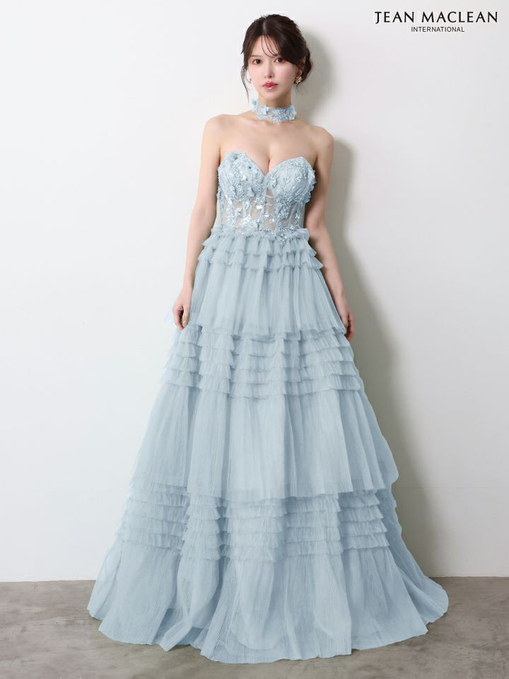JEAN MACLEAN ジャンマクレーン フラワーモチーフ/スパンコール刺繍/3段ボリュームフリル/チョーカー付き/姫/ロングドレス  ja51978-c