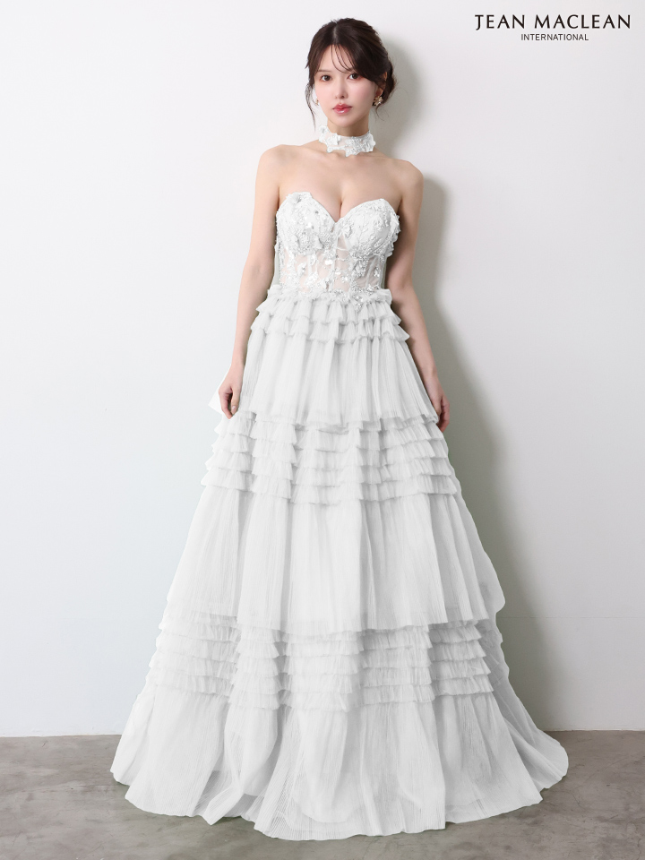 JEAN MACLEAN ジャンマクレーン フラワーモチーフ/スパンコール刺繍/3段ボリュームフリル/チョーカー付き/姫/ロングドレス  ja51978-c