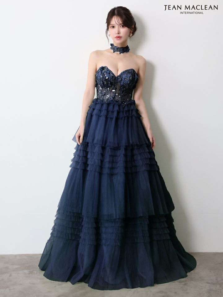 JEAN MACLEAN ジャンマクレーン フラワーモチーフ/スパンコール刺繍/3段ボリュームフリル/チョーカー付き/姫/ロングドレス  ja51978-c