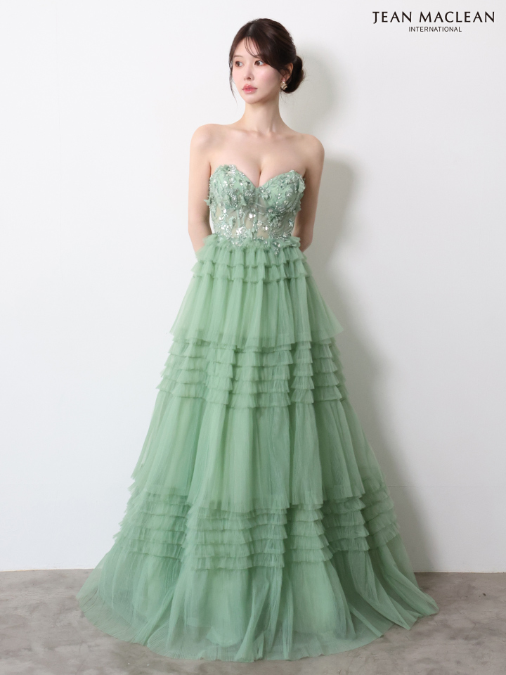 JEAN MACLEAN ジャンマクレーン フラワーモチーフ/スパンコール刺繍/3段ボリュームフリル/チョーカー付き/姫/ロングドレス  ja51978-c