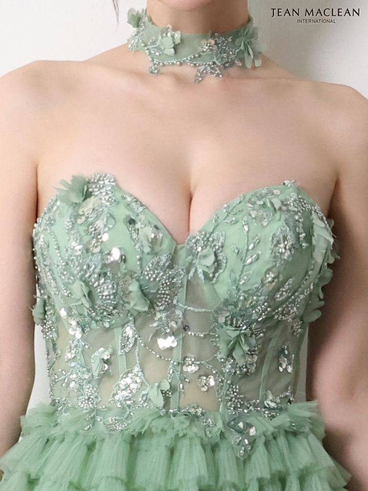 JEAN MACLEAN ジャンマクレーン フラワーモチーフ/スパンコール刺繍/3段ボリュームフリル/チョーカー付き/姫/ロングドレス  ja51978-c