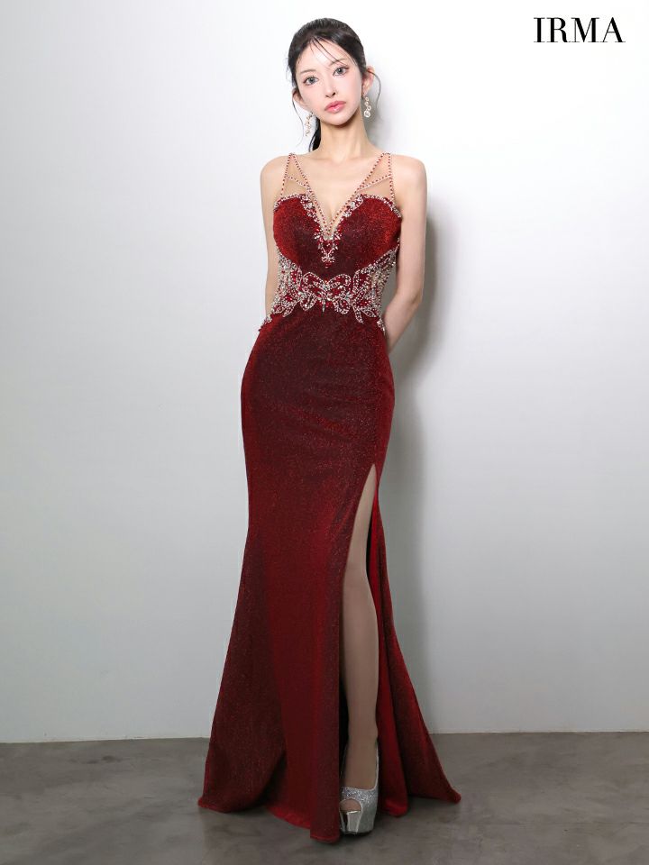 IRMA イルマ ラメニット/ラグジュアリービジュー/カットアウト/スリット入り/タイト ロングドレス ir51971-c