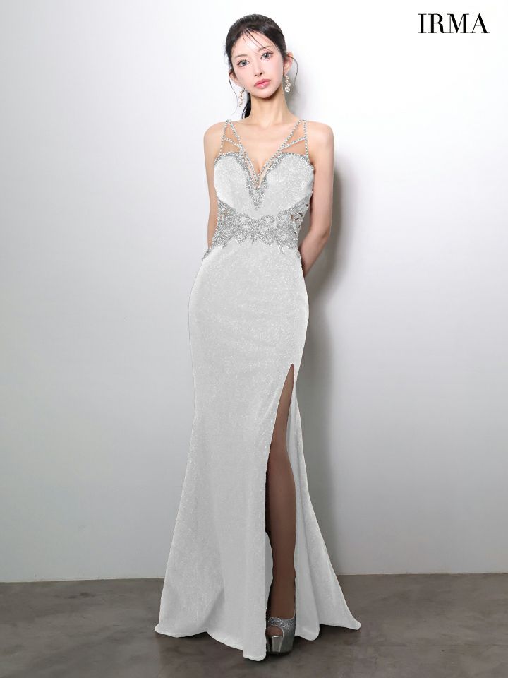 IRMA イルマ ラメニット/ラグジュアリービジュー/カットアウト/スリット入り/タイト ロングドレス ir51971-c