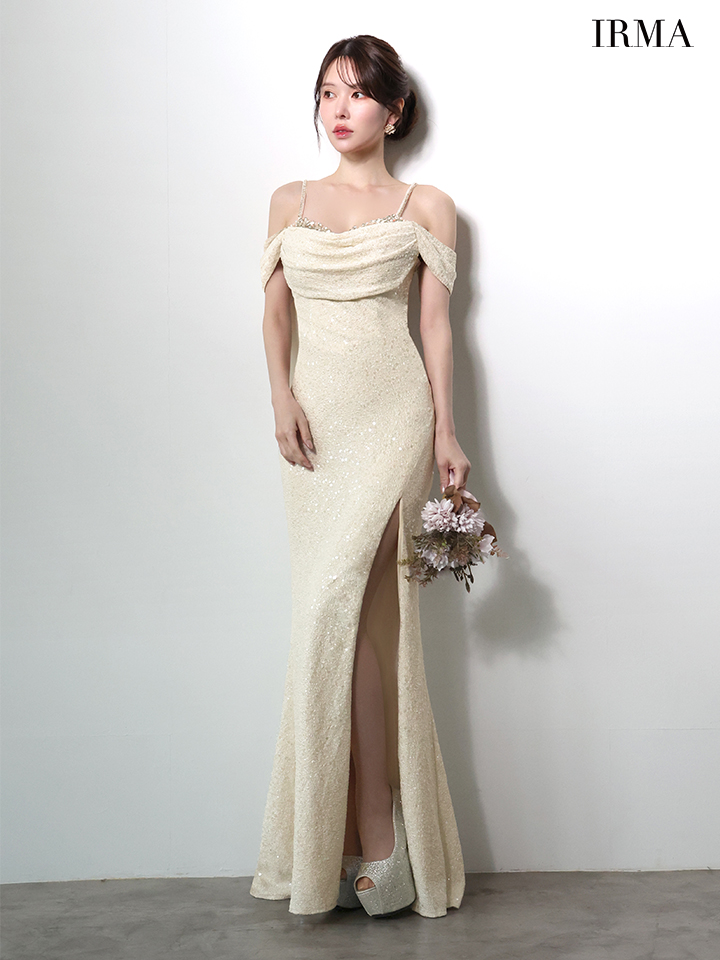 IRMA イルマ オフショル/スパンコールニット/ドレープ/スリット入り/タイト ロングドレス ir51972-c