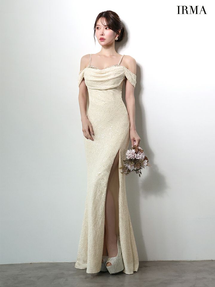 IRMA イルマ オフショル/スパンコールニット/ドレープ/スリット入り/タイト ロングドレス ir51972-c