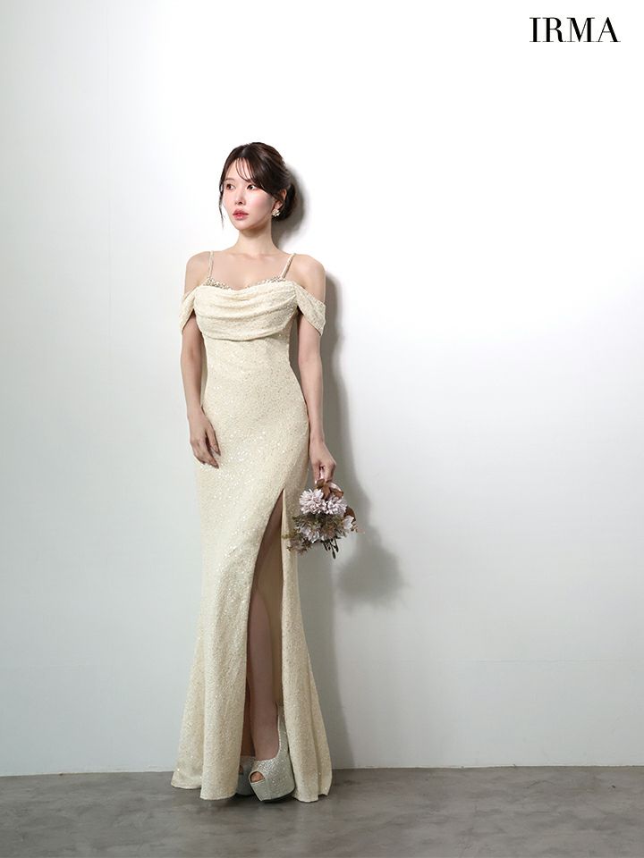 IRMA イルマ オフショル/スパンコールニット/ドレープ/スリット入り/タイト ロングドレス ir51972-c