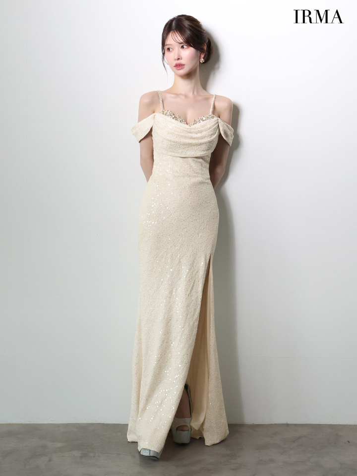 IRMA イルマ オフショル/スパンコールニット/ドレープ/スリット入り/タイト ロングドレス ir51972-c