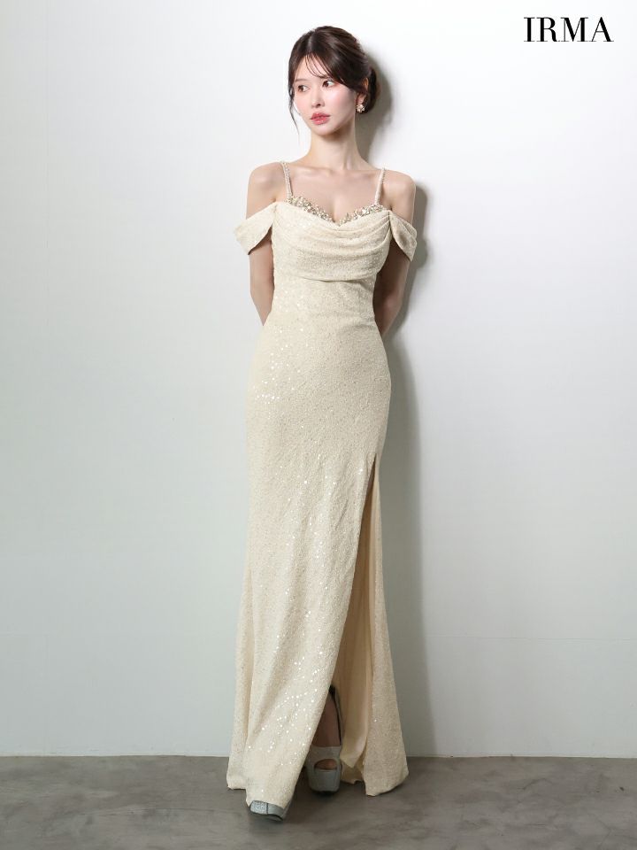 IRMA イルマ オフショル/スパンコールニット/ドレープ/スリット入り/タイト ロングドレス ir51972-c