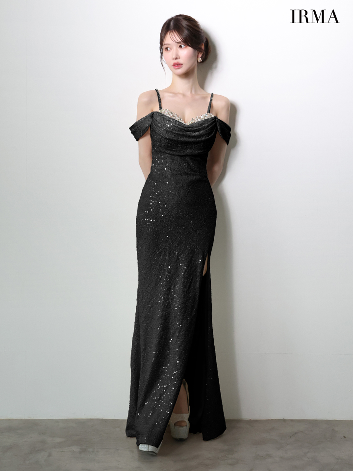 IRMA イルマ オフショル/スパンコールニット/ドレープ/スリット入り/タイト ロングドレス ir51972-c