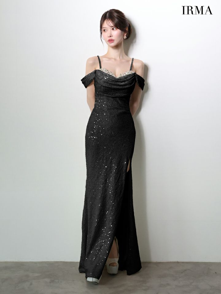 IRMA イルマ オフショル/スパンコールニット/ドレープ/スリット入り/タイト ロングドレス ir51972-c