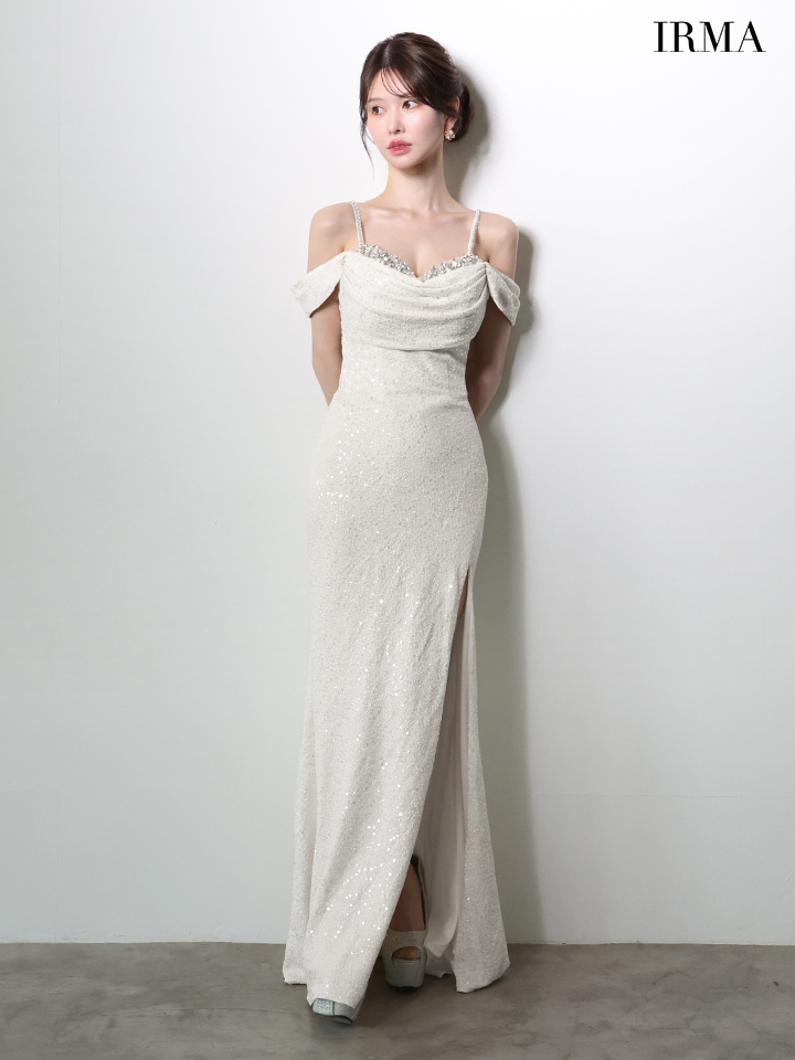 IRMA イルマ オフショル/スパンコールニット/ドレープ/スリット入り/タイト ロングドレス ir51972-c