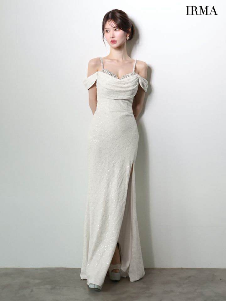 IRMA イルマ オフショル/スパンコールニット/ドレープ/スリット入り/タイト ロングドレス ir51972-c