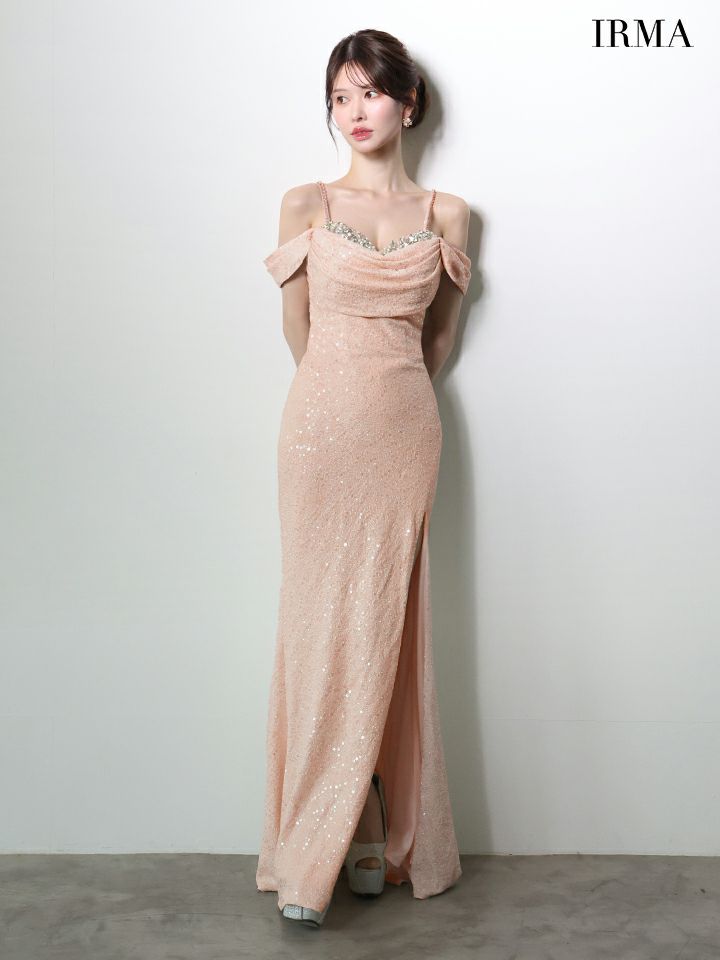 IRMA イルマ オフショル/スパンコールニット/ドレープ/スリット入り/タイト ロングドレス ir51972-c