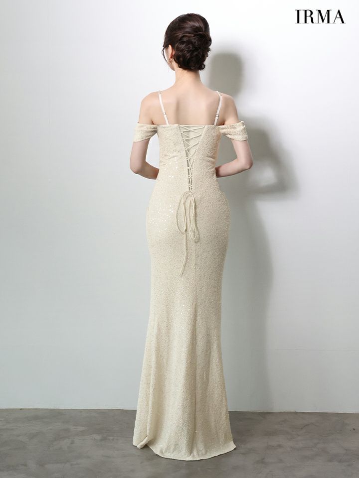IRMA イルマ オフショル/スパンコールニット/ドレープ/スリット入り/タイト ロングドレス ir51972-c