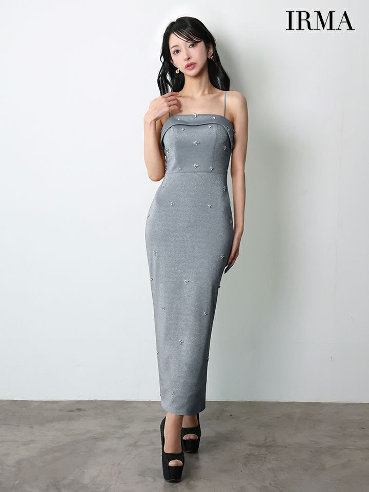 IRMA イルマ ワンカラー/ビジュースタッヅ/キャミソール/ミモレ丈/タイト ロングドレス ir51973-c