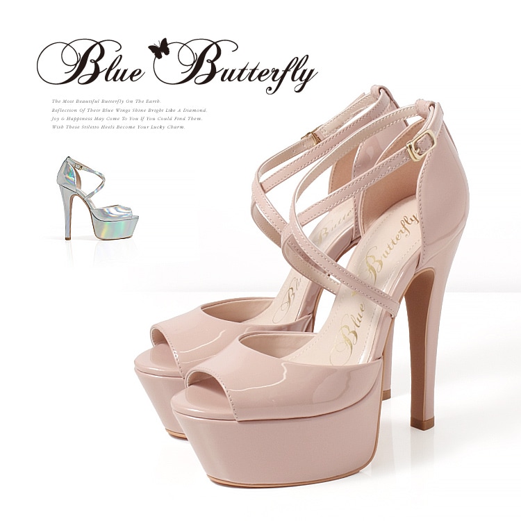 Blue Butterfly ブルーバタフライ コメックス エナメル ハイヒール 14cmヒール 厚底 セパレート ストラップ パンプス サンダル [ピンクベージュ/シルバー] bl9010