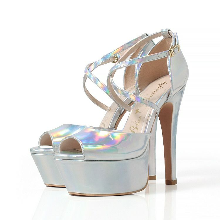 Blue Butterfly ブルーバタフライ コメックス エナメル ハイヒール 14cmヒール 厚底 セパレート ストラップ パンプス サンダル [ピンクベージュ/シルバー] bl9010