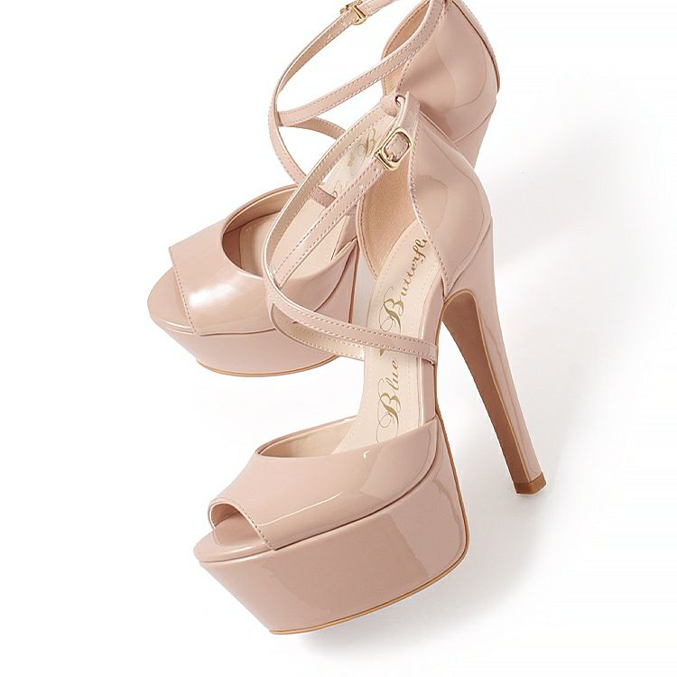 Blue Butterfly ブルーバタフライ コメックス エナメル ハイヒール 14cmヒール 厚底 セパレート ストラップ パンプス サンダル [ピンクベージュ/シルバー] bl9010