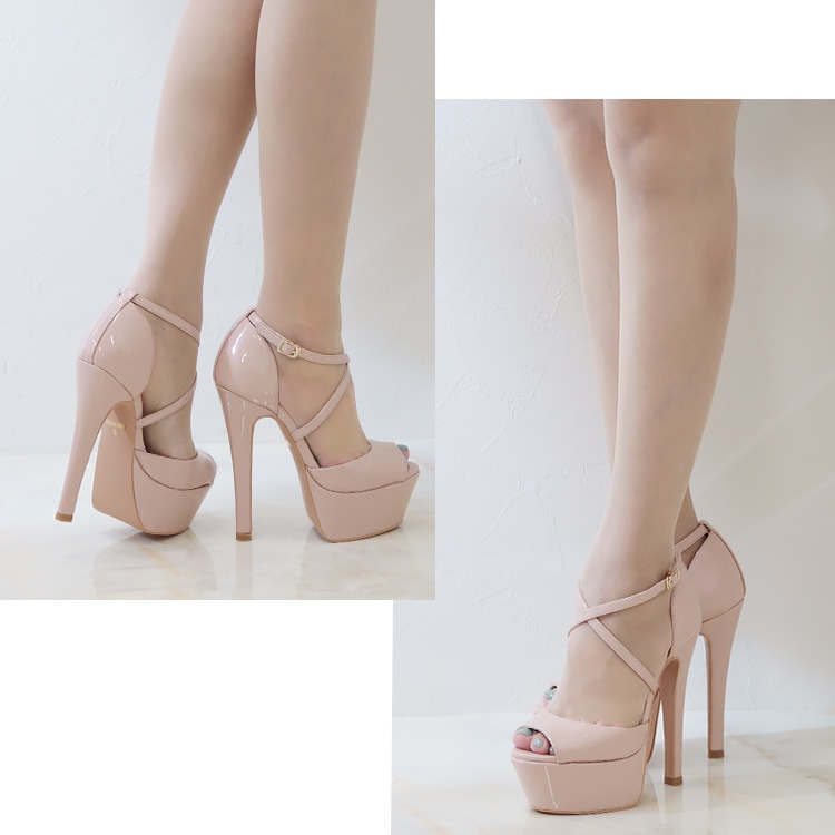 Blue Butterfly ブルーバタフライ コメックス エナメル ハイヒール 14cmヒール 厚底 セパレート ストラップ パンプス サンダル [ピンクベージュ/シルバー] bl9010