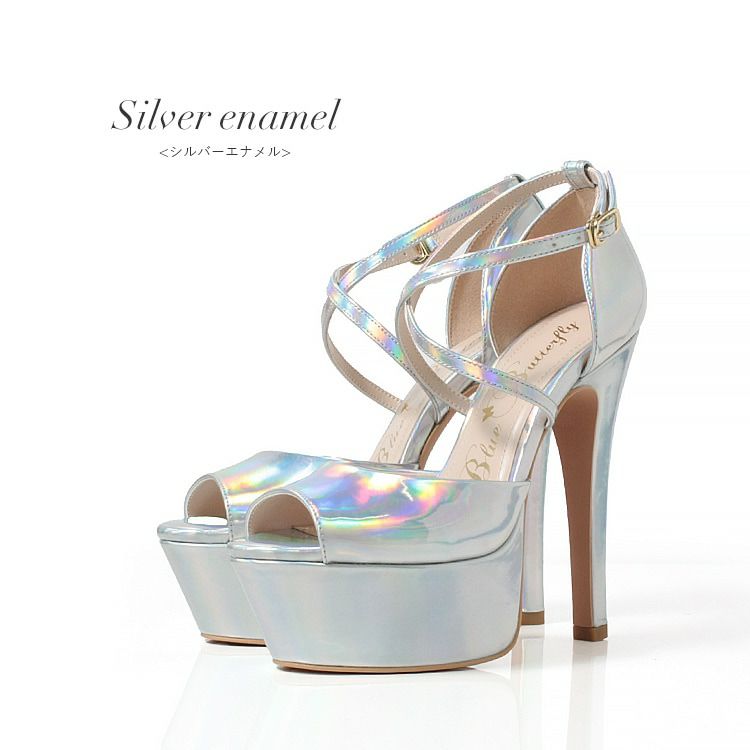 Blue Butterfly ブルーバタフライ コメックス エナメル ハイヒール 14cmヒール 厚底 セパレート ストラップ パンプス サンダル [ピンクベージュ/シルバー] bl9010