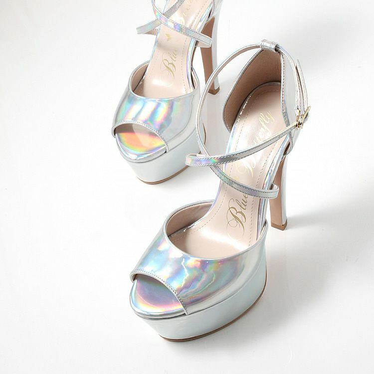 Blue Butterfly ブルーバタフライ コメックス エナメル ハイヒール 14cmヒール 厚底 セパレート ストラップ パンプス サンダル [ピンクベージュ/シルバー] bl9010