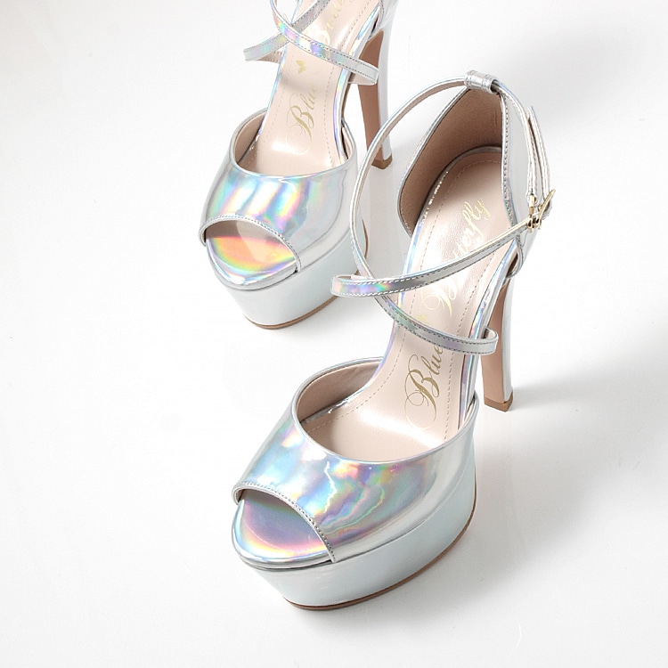 Blue Butterfly ブルーバタフライ コメックス エナメル ハイヒール 14cmヒール 厚底 セパレート ストラップ パンプス サンダル [ピンクベージュ/シルバー] bl9010
