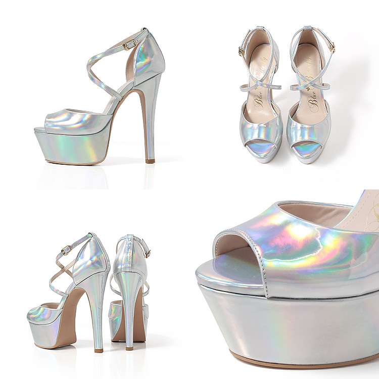 Blue Butterfly ブルーバタフライ コメックス エナメル ハイヒール 14cmヒール 厚底 セパレート ストラップ パンプス サンダル [ピンクベージュ/シルバー] bl9010