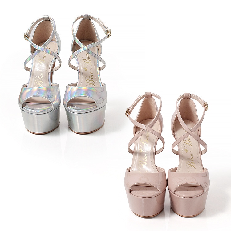 Blue Butterfly ブルーバタフライ コメックス エナメル ハイヒール 14cmヒール 厚底 セパレート ストラップ パンプス サンダル [ピンクベージュ/シルバー] bl9010