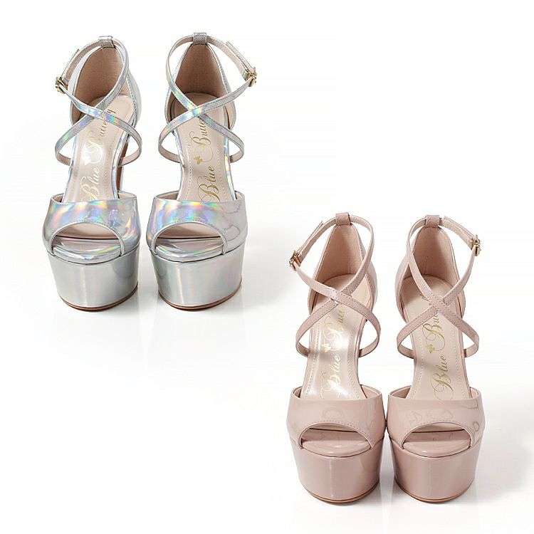Blue Butterfly ブルーバタフライ コメックス エナメル ハイヒール 14cmヒール 厚底 セパレート ストラップ パンプス サンダル [ピンクベージュ/シルバー] bl9010