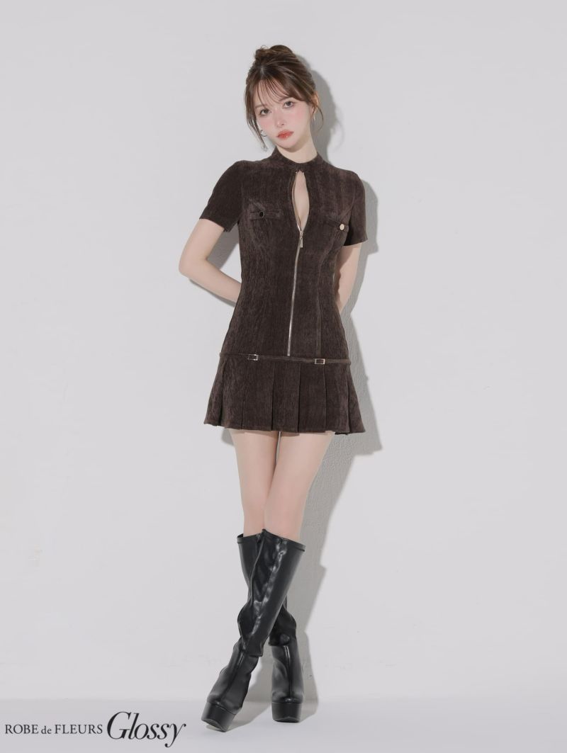 Glossy ローブドフルールグロッシー 【XSサイズあり】起毛ニットジップアップ半袖セットアップミニキャバドレス gl3964-c