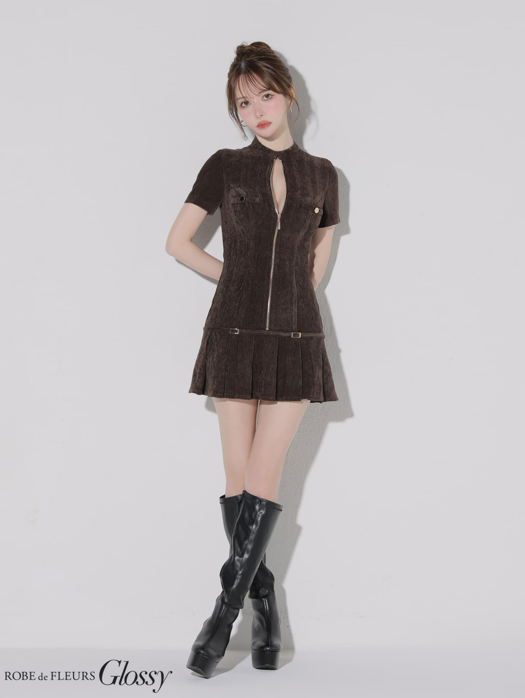 Glossy ローブドフルールグロッシー 【XSサイズあり】起毛ニットジップアップ半袖セットアップミニキャバドレス gl3964-c