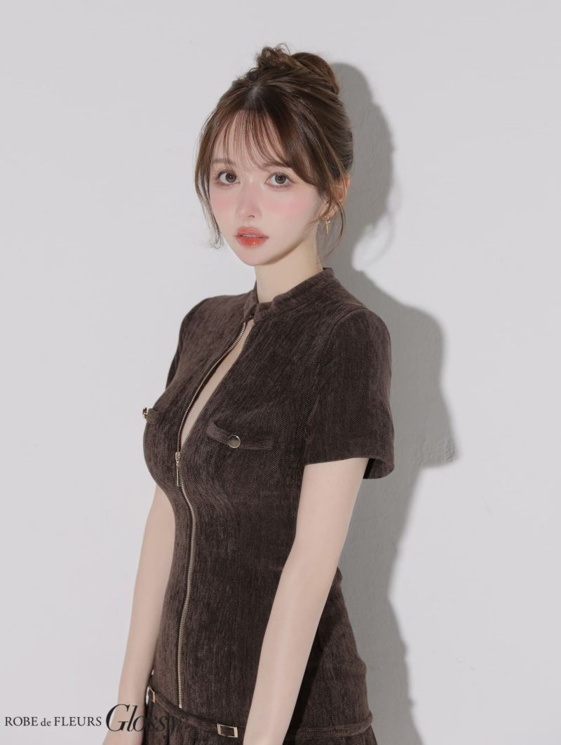 Glossy ローブドフルールグロッシー 【XSサイズあり】起毛ニットジップアップ半袖セットアップミニキャバドレス gl3964-c