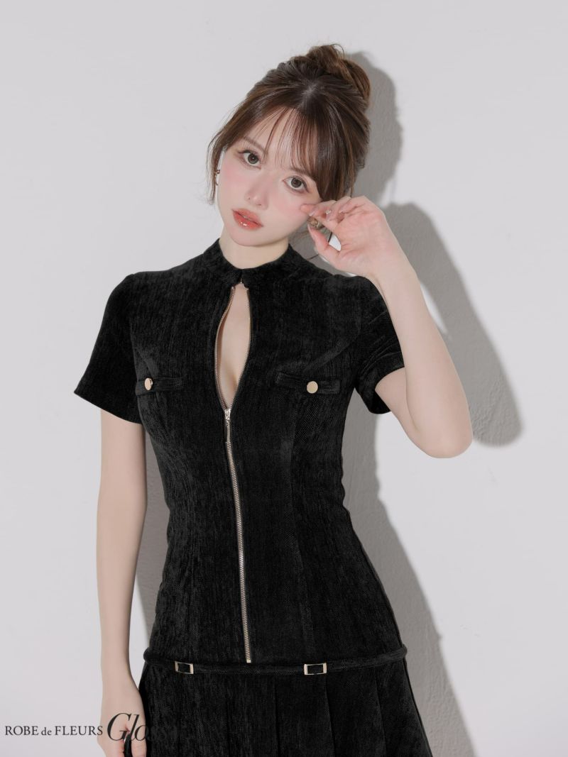 Glossy ローブドフルールグロッシー 【XSサイズあり】起毛ニットジップアップ半袖セットアップミニキャバドレス gl3964-c