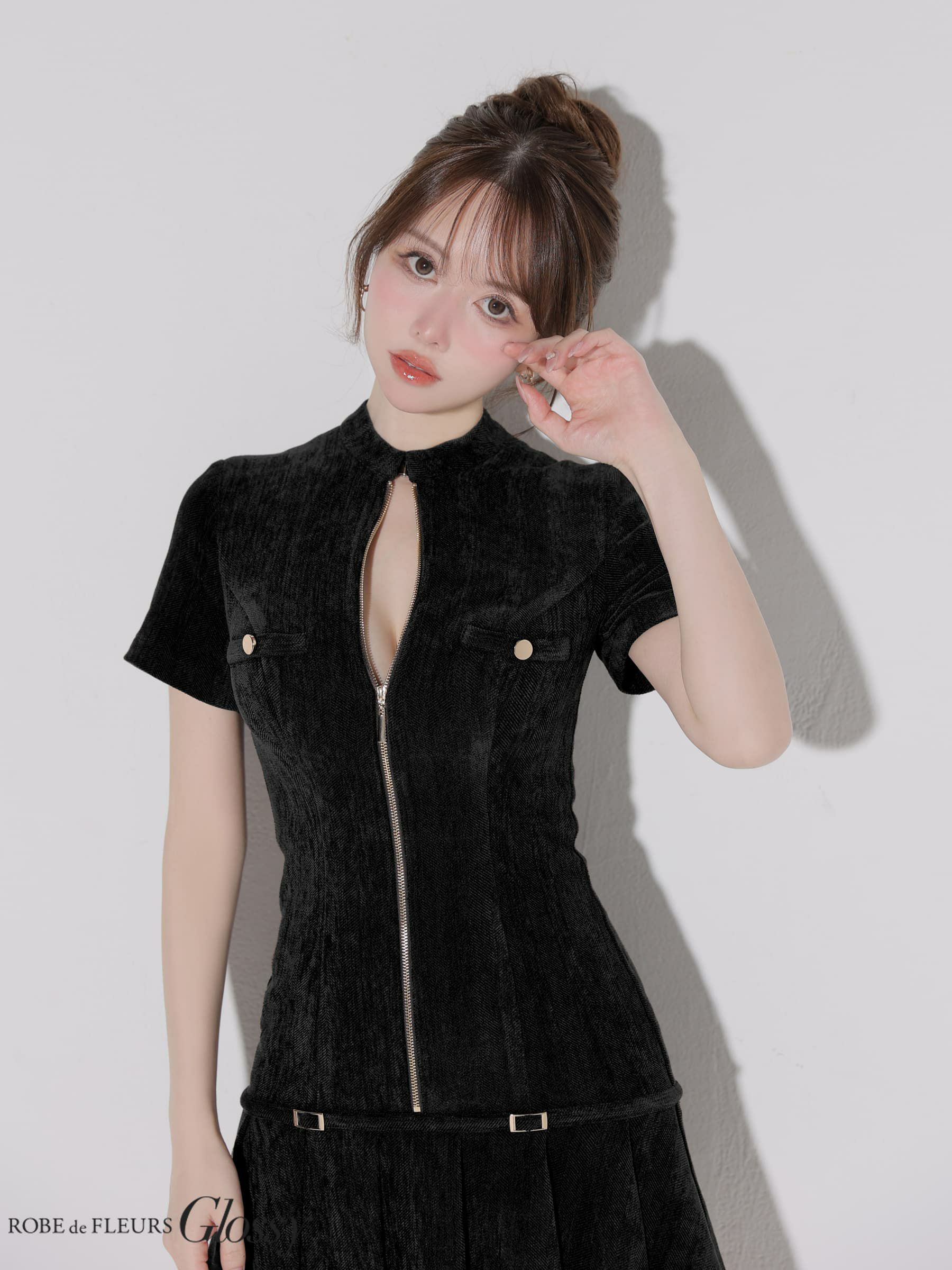 Glossy ローブドフルールグロッシー 【XSサイズあり】起毛ニットジップアップ半袖セットアップミニキャバドレス gl3964-c