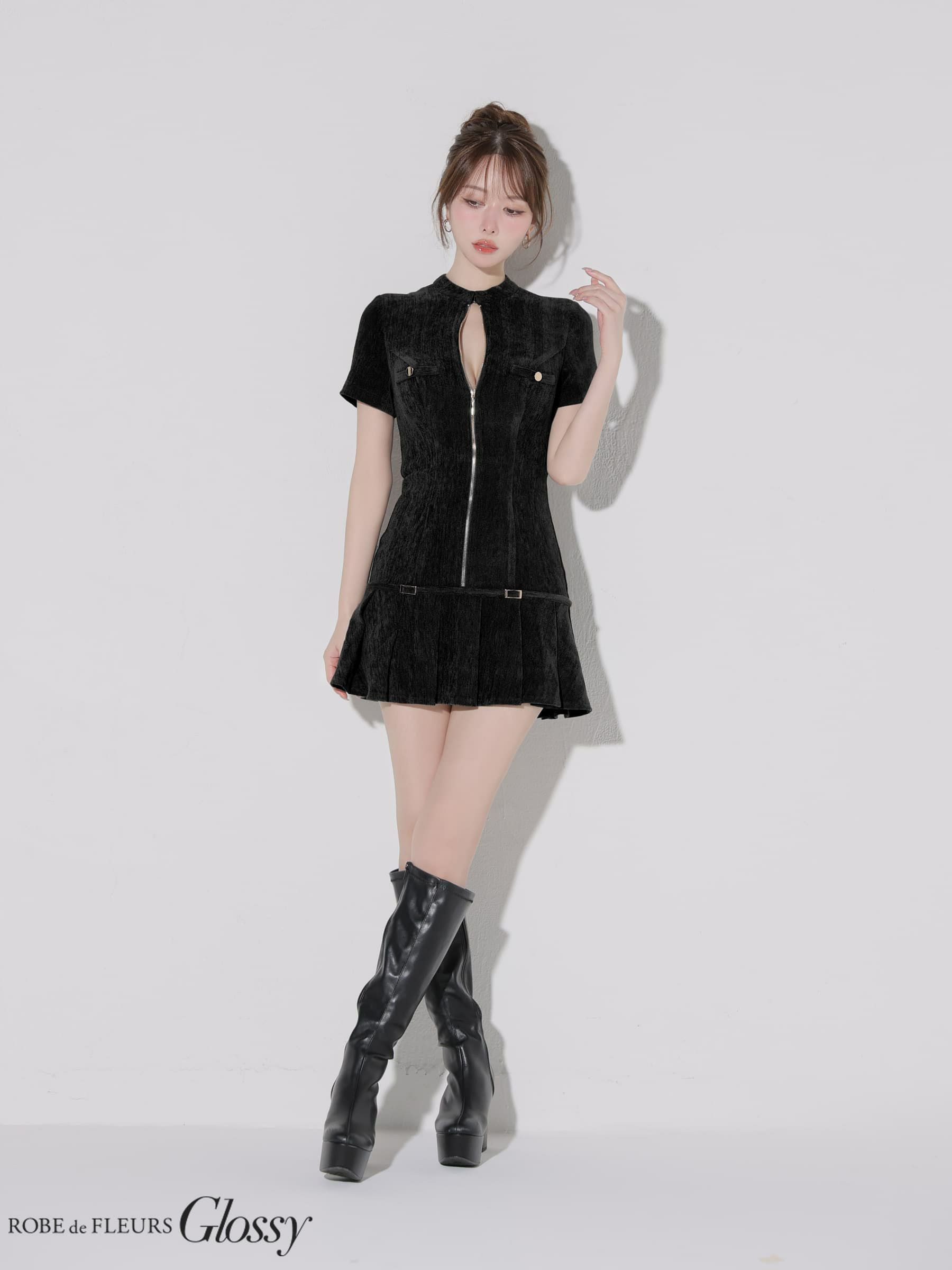 Glossy ローブドフルールグロッシー 【XSサイズあり】起毛ニットジップアップ半袖セットアップミニキャバドレス gl3964-c