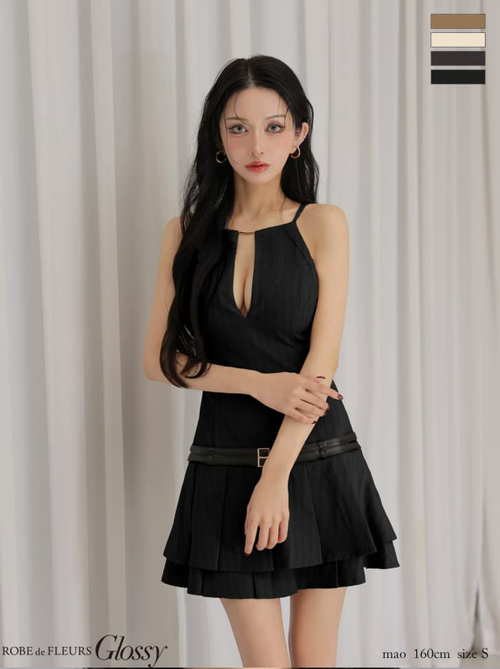 Glossy ローブドフルールグロッシー 【XSサイズあり】 ヘリンボーンレザーベルトフレアミニキャバドレス gl4158-c