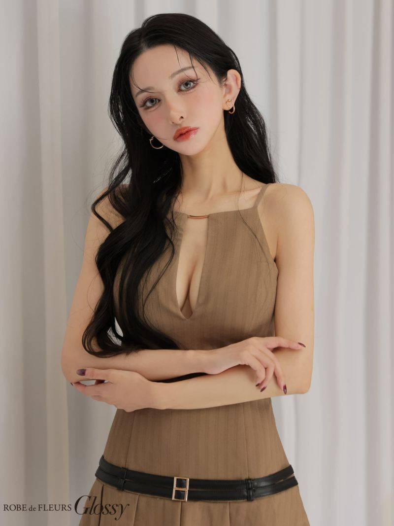 Glossy ローブドフルールグロッシー 【XSサイズあり】 ヘリンボーンレザーベルトフレアミニキャバドレス gl4158-c