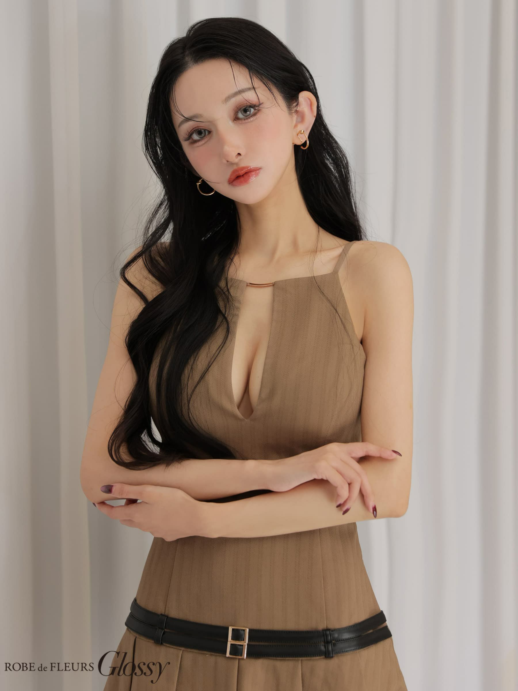 Glossy ローブドフルールグロッシー 【XSサイズあり】 ヘリンボーンレザーベルトフレアミニキャバドレス gl4158-c