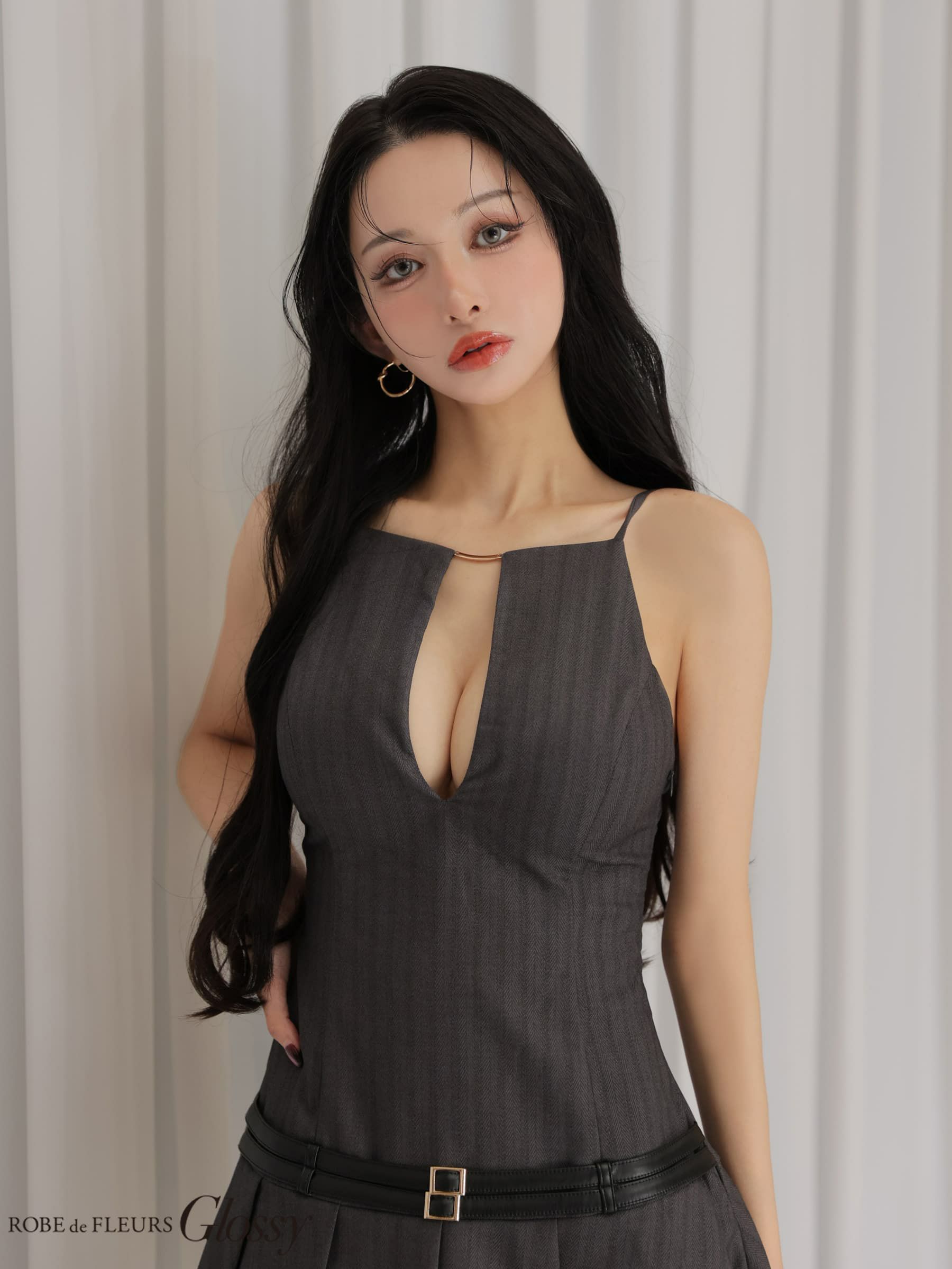 Glossy ローブドフルールグロッシー 【XSサイズあり】 ヘリンボーンレザーベルトフレアミニキャバドレス gl4158-c